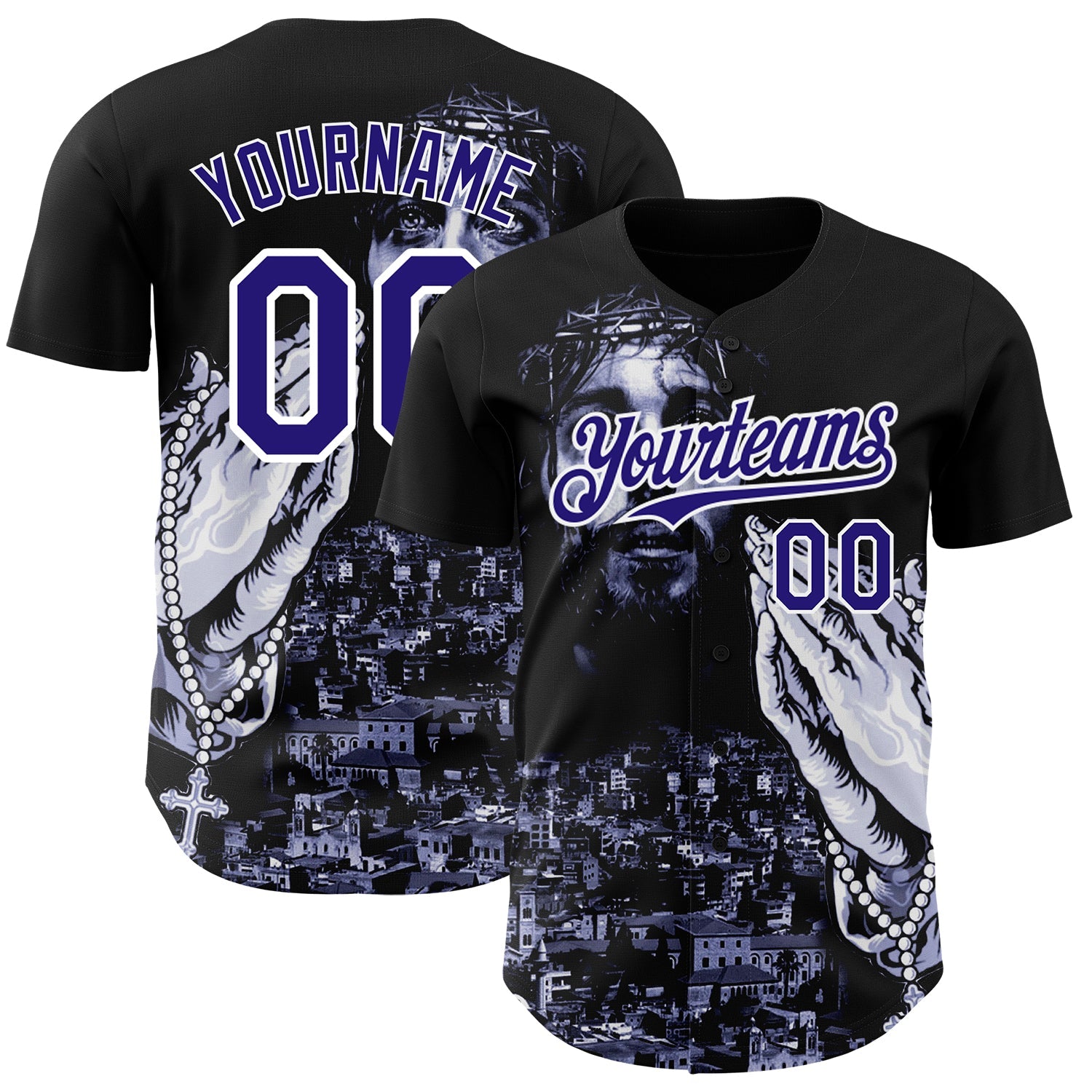 Custom Black Purple-White 3D Pattern Design Religion Jesus Christ Authentic Baseball Jersey - Sky-Custom