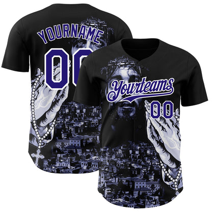 Custom Black Purple-White 3D Pattern Design Religion Jesus Christ Authentic Baseball Jersey - Sky-Custom