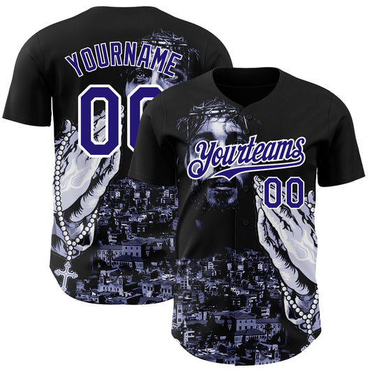 Custom Black Purple-White 3D Pattern Design Religion Jesus Christ Authentic Baseball Jersey - Sky-Custom