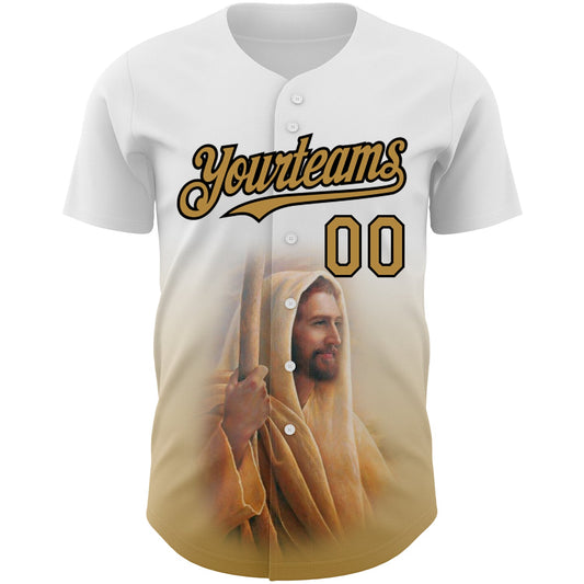 Custom White Old Gold-Black 3D Pattern Design Religion Jesus Christ Authentic Baseball Jersey - Sky-Custom