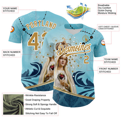 Custom Teal Old Gold-White 3D Pattern Design Religion Virgin Mary Authentic Baseball Jersey - Sky-Custom