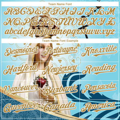 Custom Teal Old Gold-White 3D Pattern Design Religion Virgin Mary Authentic Baseball Jersey - Sky-Custom