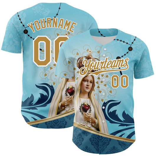 Custom Teal Old Gold-White 3D Pattern Design Religion Virgin Mary Authentic Baseball Jersey - Sky-Custom