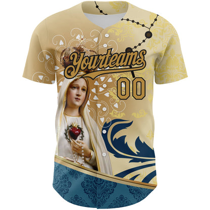 Custom Old Gold Black 3D Pattern Design Religion Virgin Mary Authentic Baseball Jersey - Sky-Custom