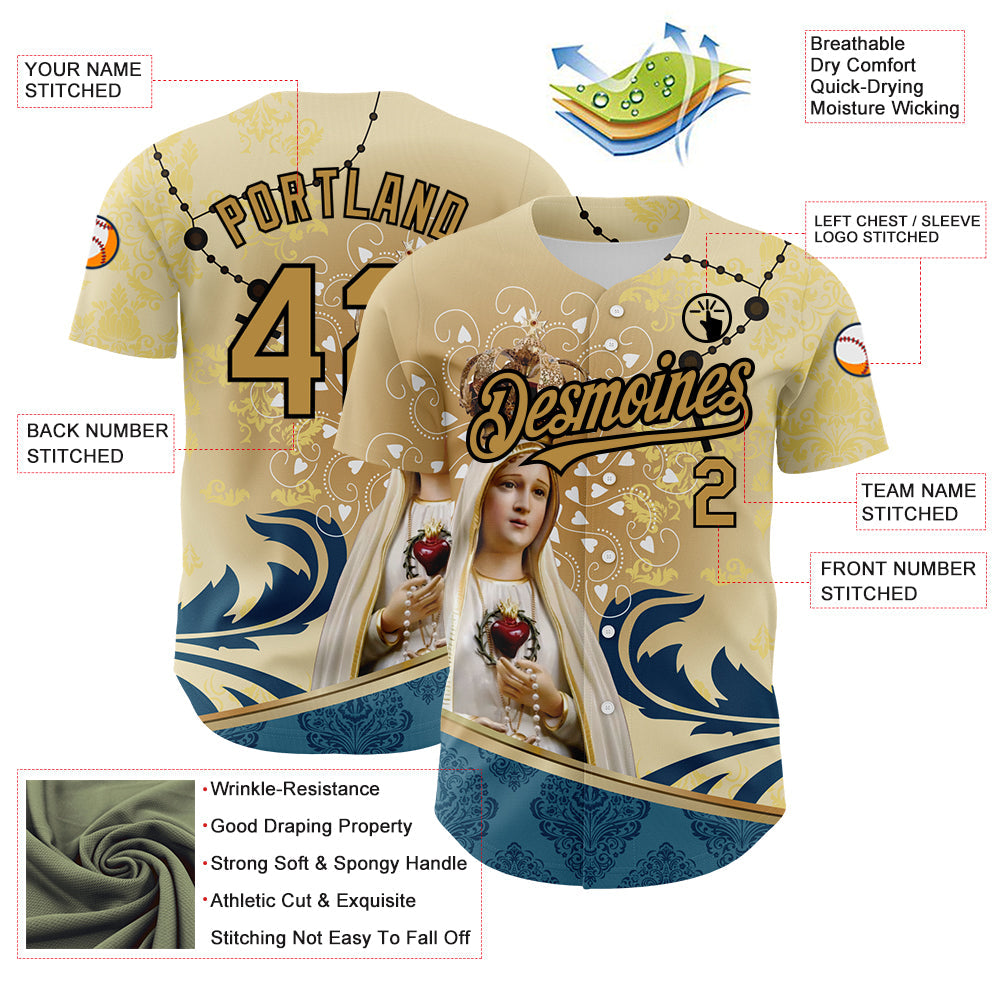 Custom Old Gold Black 3D Pattern Design Religion Virgin Mary Authentic Baseball Jersey - Sky-Custom
