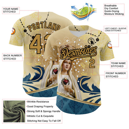 Custom Old Gold Black 3D Pattern Design Religion Virgin Mary Authentic Baseball Jersey - Sky-Custom