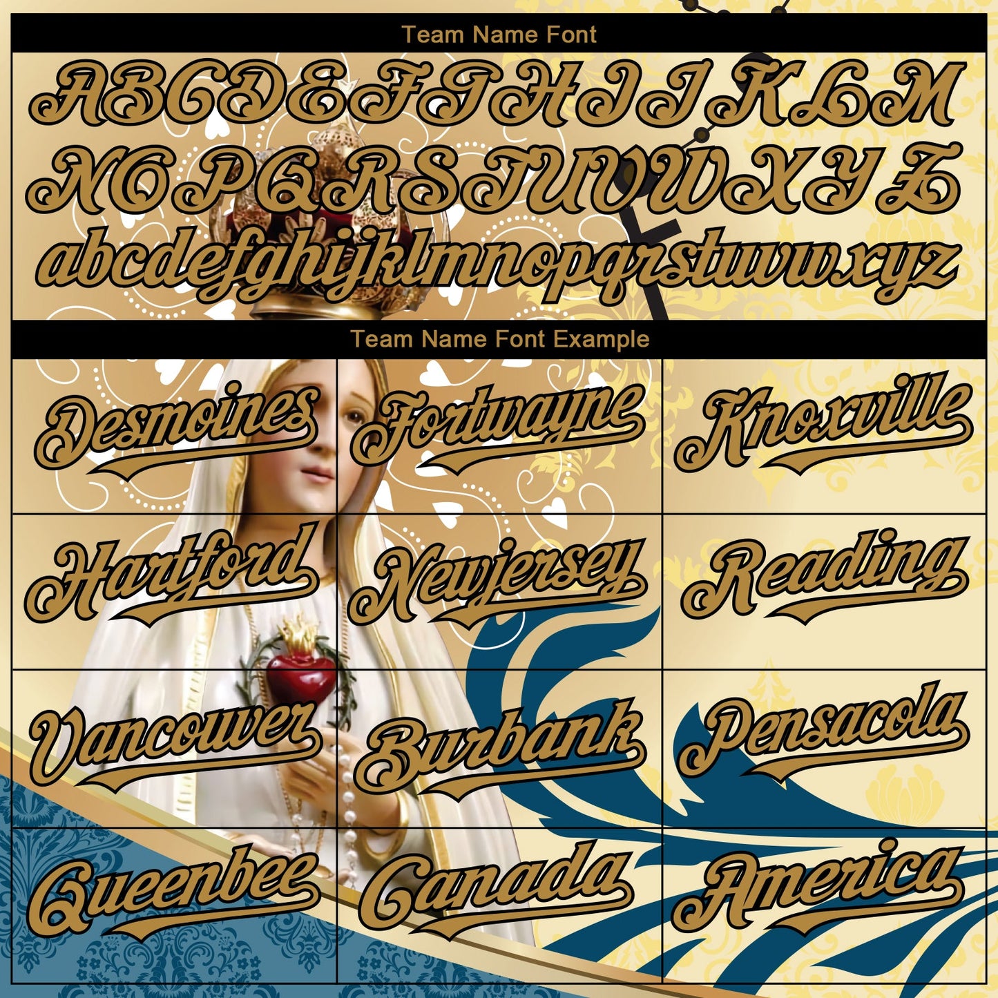 Custom Old Gold Black 3D Pattern Design Religion Virgin Mary Authentic Baseball Jersey - Sky-Custom