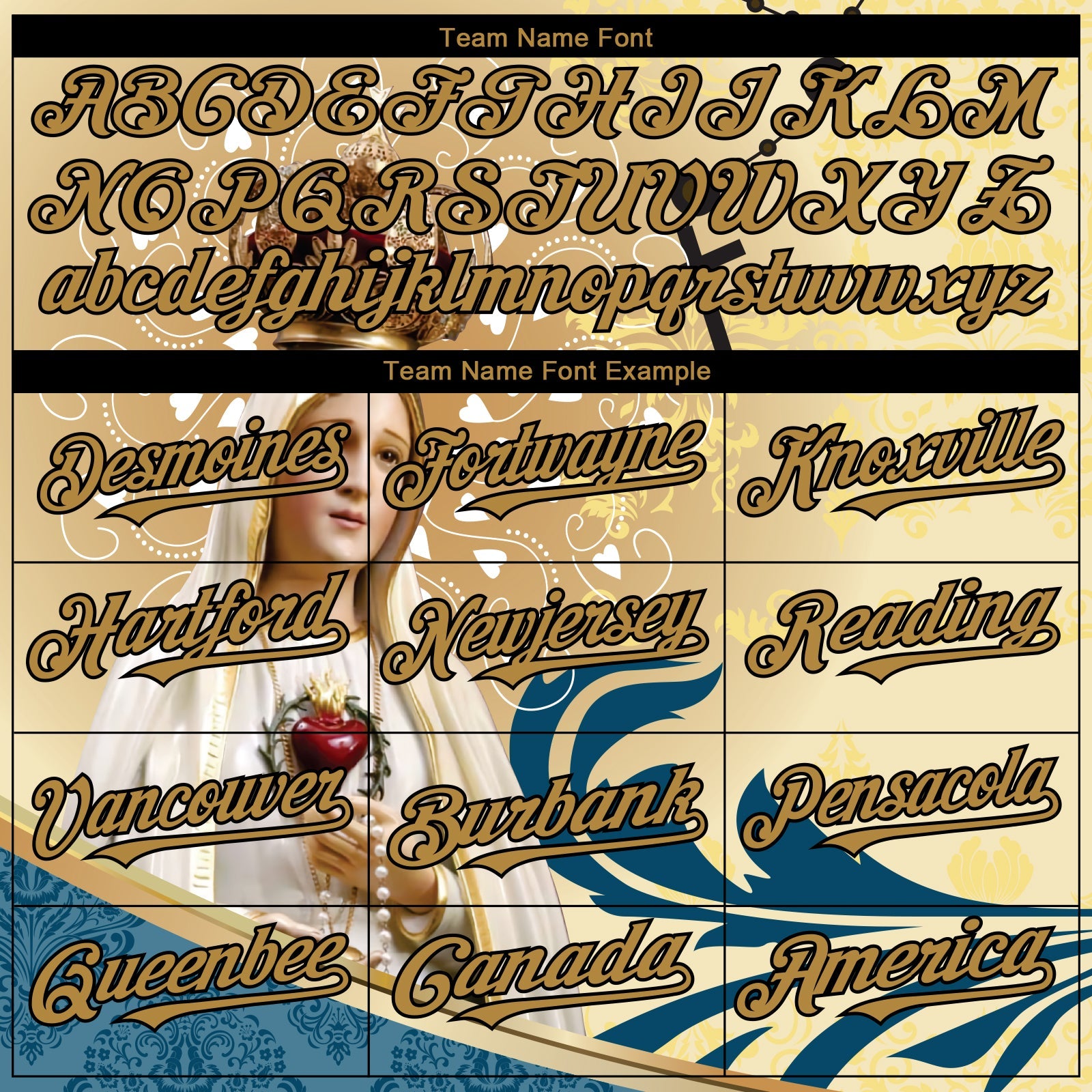 Custom Old Gold Black 3D Pattern Design Religion Virgin Mary Authentic Baseball Jersey - Sky-Custom