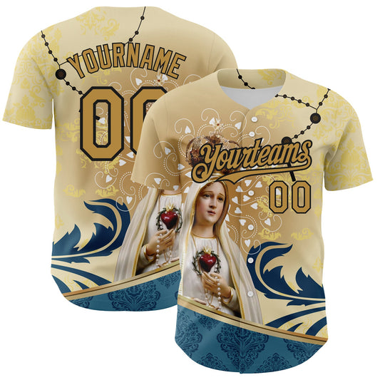 Custom Old Gold Black 3D Pattern Design Religion Virgin Mary Authentic Baseball Jersey - Sky-Custom