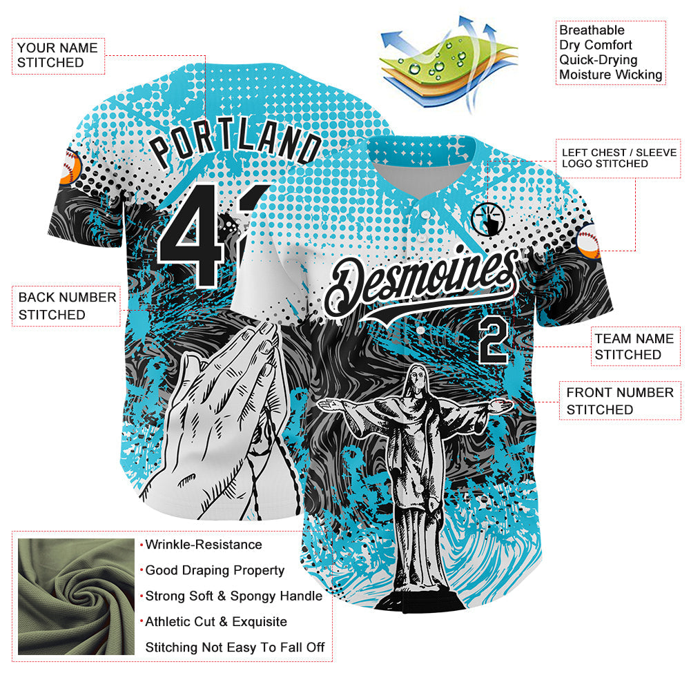 Custom Light Blue Black-White 3D Pattern Design Religion Jesus Christ Authentic Baseball Jersey - Sky-Custom