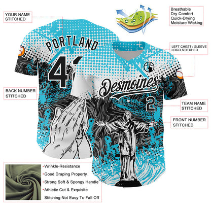 Custom Light Blue Black-White 3D Pattern Design Religion Jesus Christ Authentic Baseball Jersey - Sky-Custom
