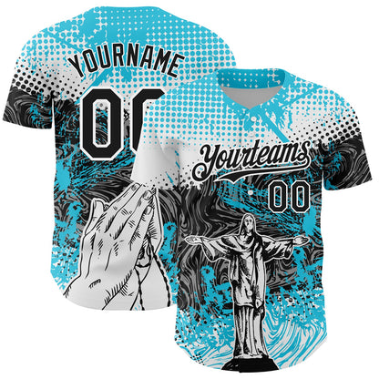 Custom Light Blue Black-White 3D Pattern Design Religion Jesus Christ Authentic Baseball Jersey - Sky-Custom