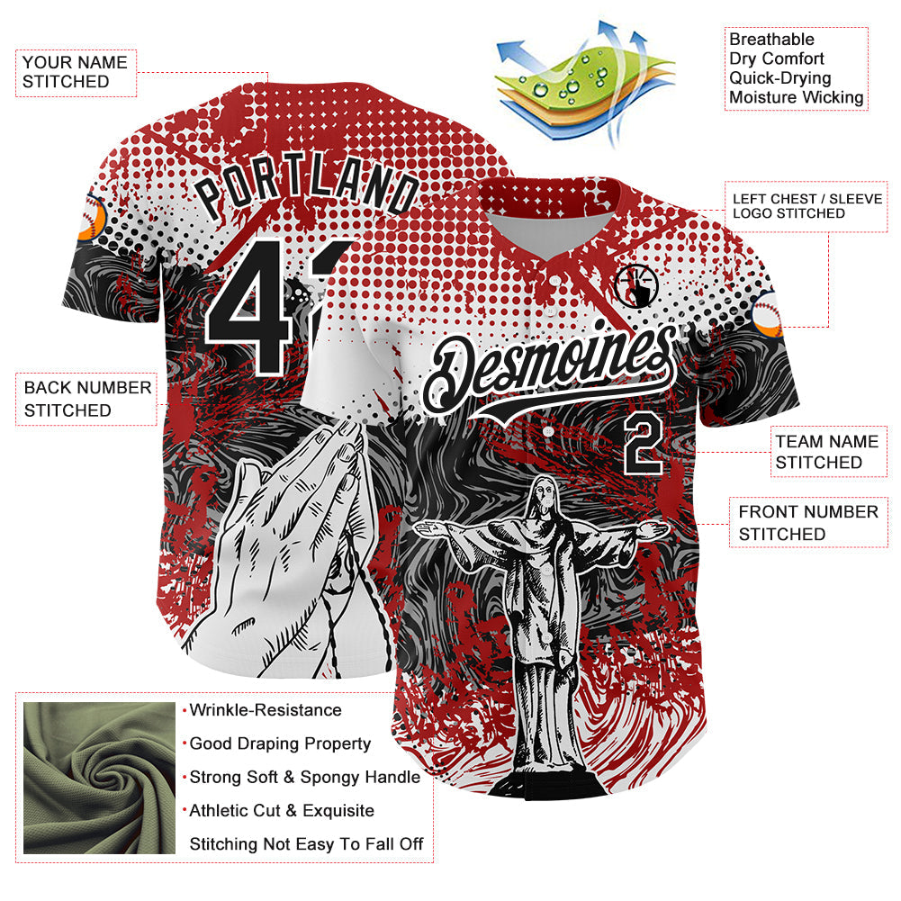 Custom Red Black-White 3D Pattern Design Religion Jesus Christ Authentic Baseball Jersey - Sky-Custom