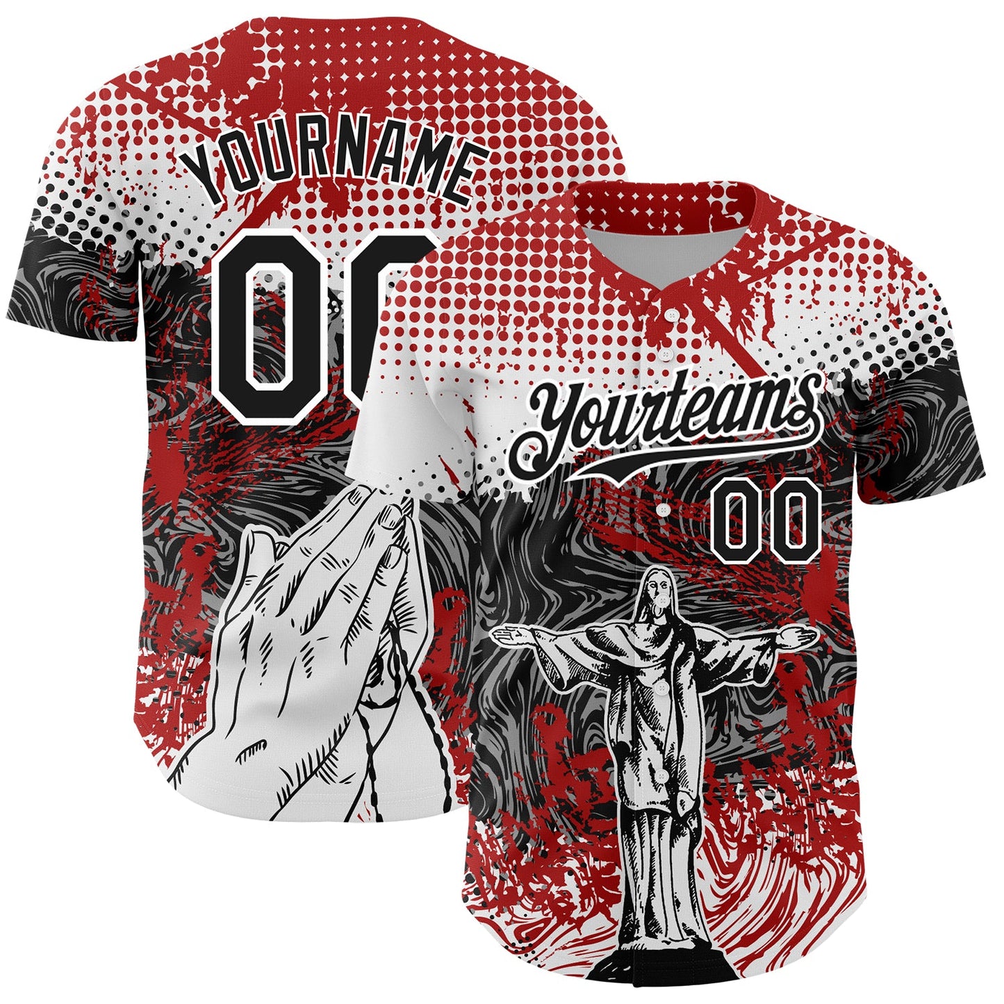 Custom Red Black-White 3D Pattern Design Religion Jesus Christ Authentic Baseball Jersey - Sky-Custom