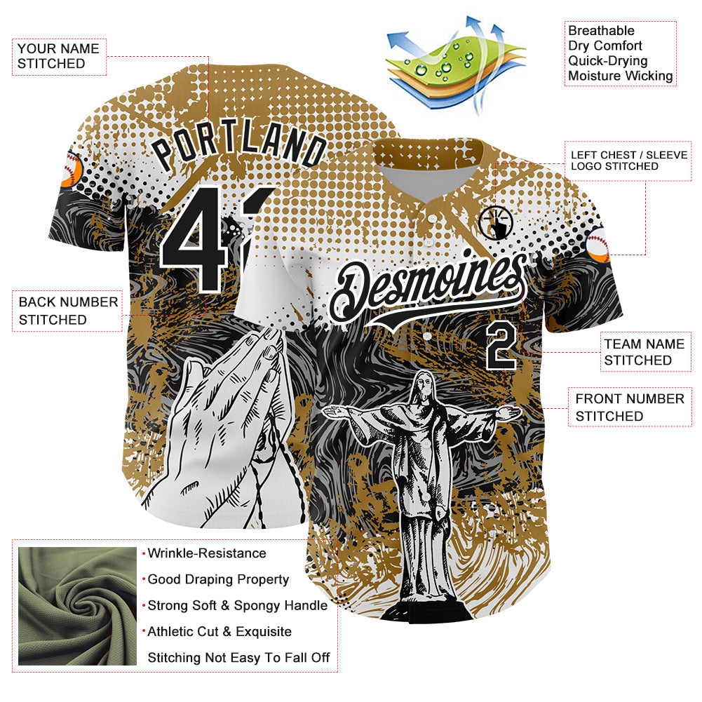 Custom Old Gold Black 3D Pattern Design Religion Jesus Christ Authentic Baseball Jersey - Sky-Custom