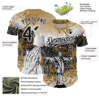 Custom Old Gold Black 3D Pattern Design Religion Jesus Christ Authentic Baseball Jersey - Sky-Custom