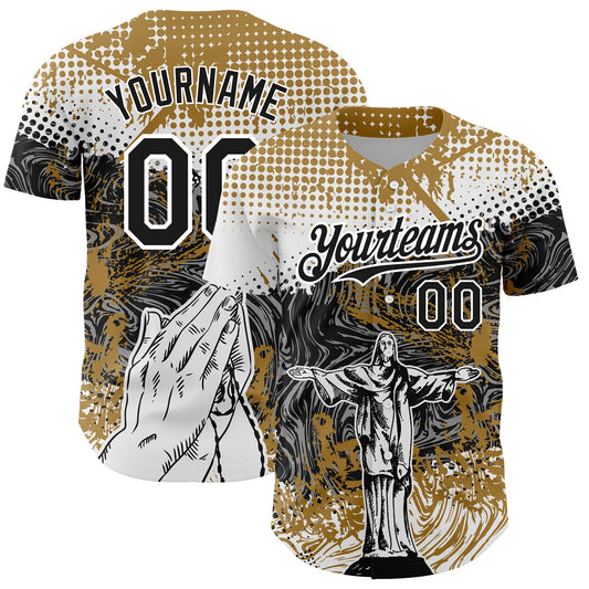Custom Old Gold Black 3D Pattern Design Religion Jesus Christ Authentic Baseball Jersey - Sky-Custom