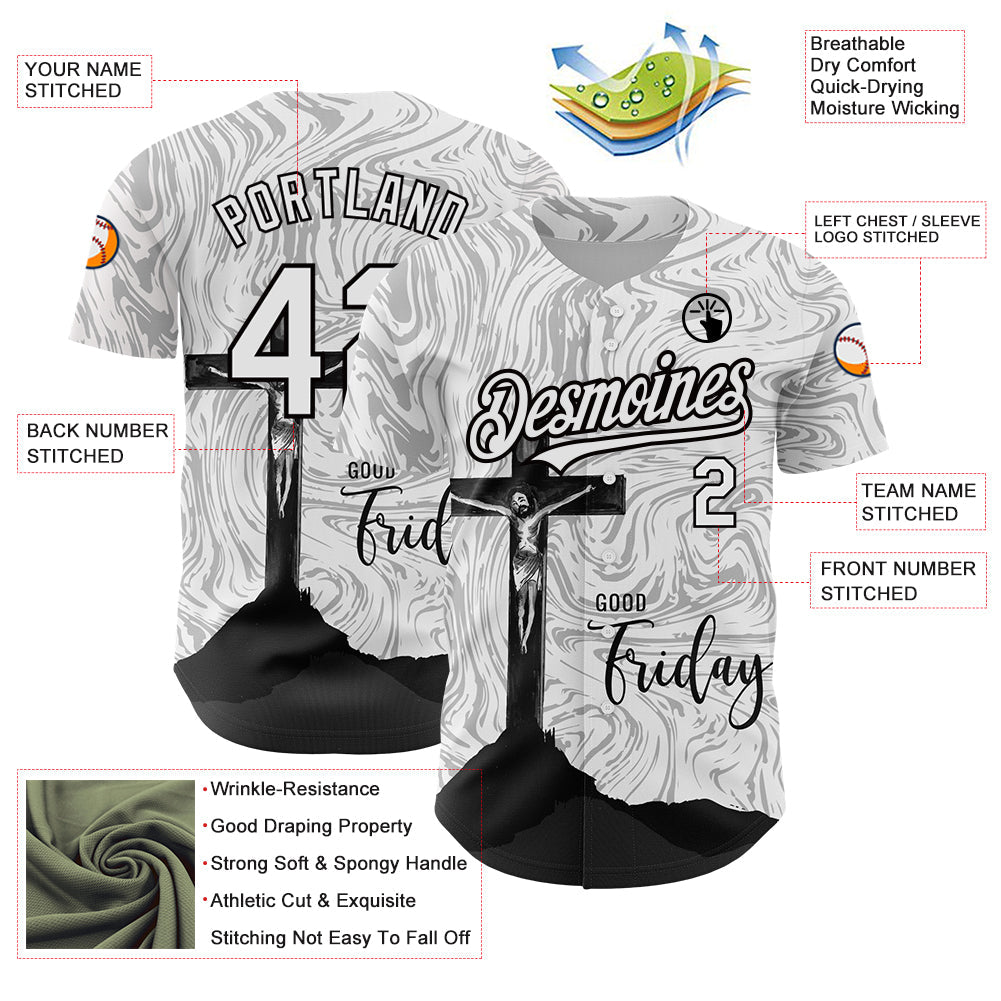 Custom White Black 3D Pattern Design Religion Cross Jesus Christ Good Friday Authentic Baseball Jersey - Sky-Custom