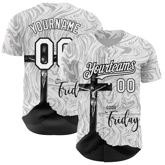 Custom White Black 3D Pattern Design Religion Cross Jesus Christ Good Friday Authentic Baseball Jersey - Sky-Custom