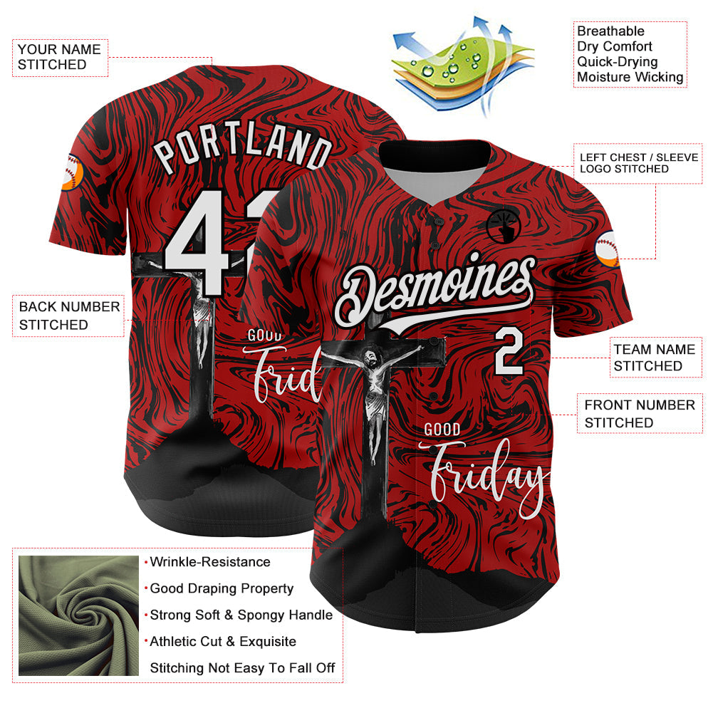 Custom Red White-Black 3D Pattern Design Religion Cross Jesus Christ Good Friday Authentic Baseball Jersey - Sky-Custom