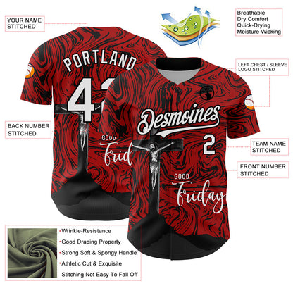 Custom Red White-Black 3D Pattern Design Religion Cross Jesus Christ Good Friday Authentic Baseball Jersey - Sky-Custom