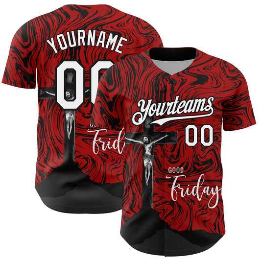 Custom Red White-Black 3D Pattern Design Religion Cross Jesus Christ Good Friday Authentic Baseball Jersey - Sky-Custom