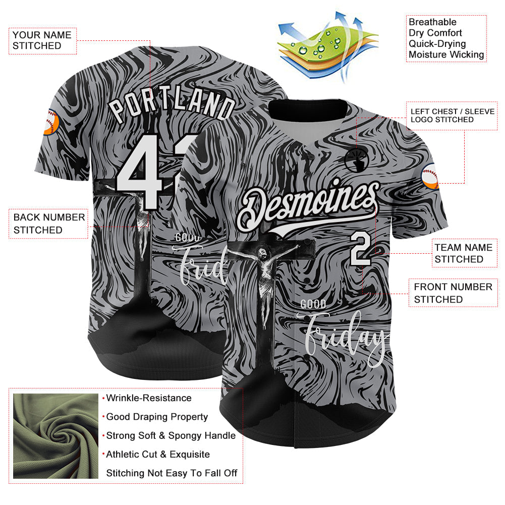 Custom Gray White-Black 3D Pattern Design Religion Cross Jesus Christ Good Friday Authentic Baseball Jersey - Sky-Custom