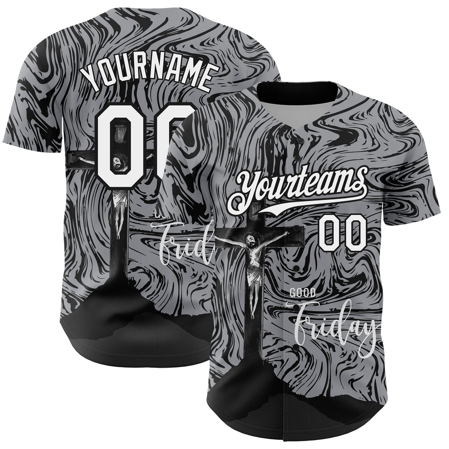 Custom Gray White-Black 3D Pattern Design Religion Cross Jesus Christ Good Friday Authentic Baseball Jersey - Sky-Custom
