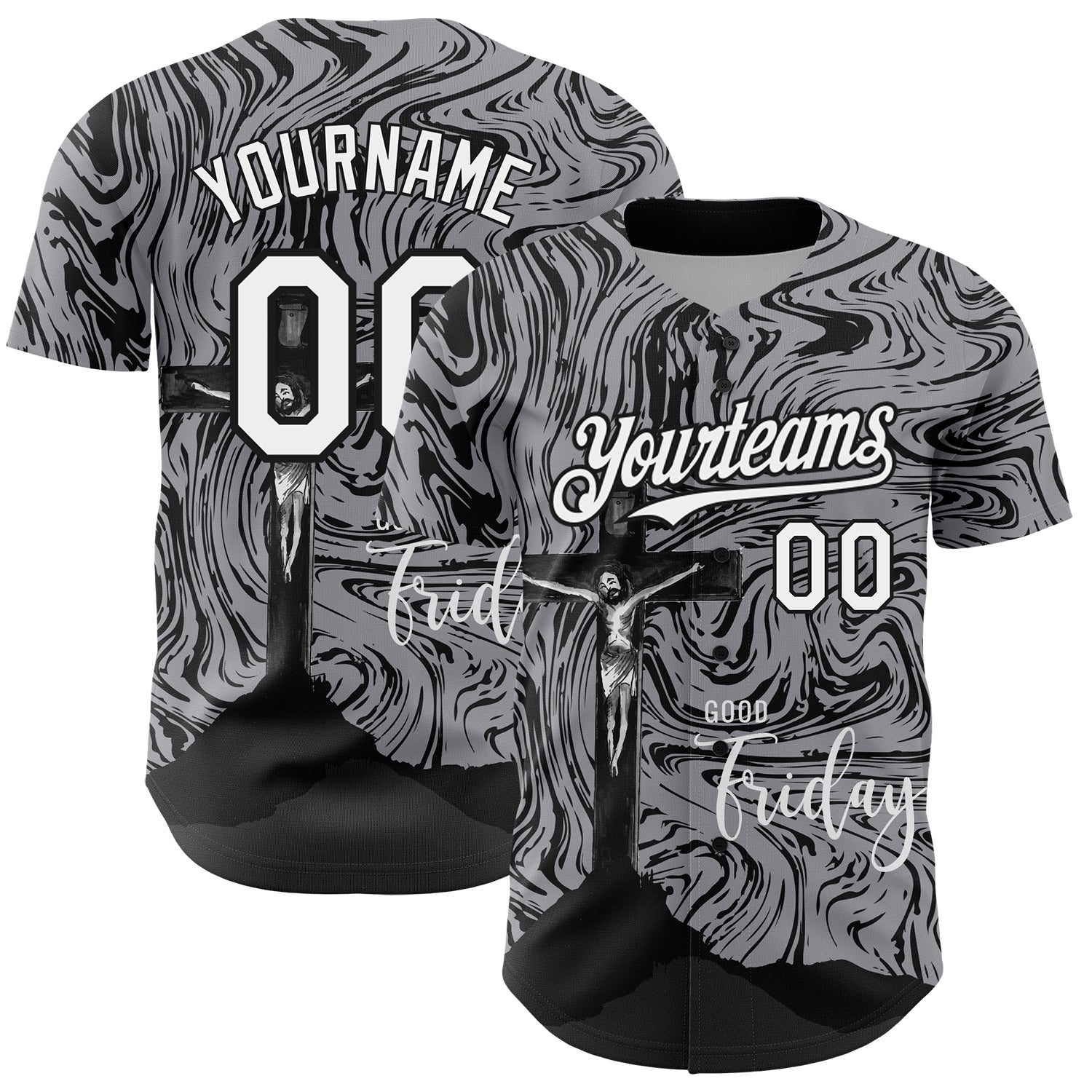Custom Gray White-Black 3D Pattern Design Religion Cross Jesus Christ Good Friday Authentic Baseball Jersey - Sky-Custom