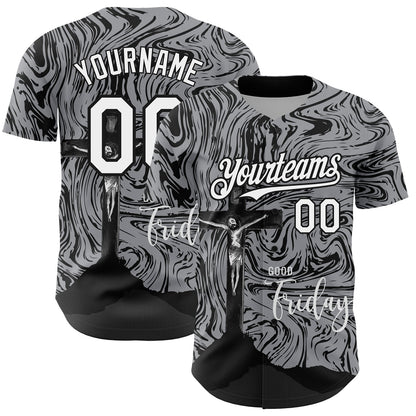 Custom Gray White-Black 3D Pattern Design Religion Cross Jesus Christ Good Friday Authentic Baseball Jersey - Sky-Custom