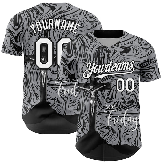 Custom Gray White-Black 3D Pattern Design Religion Cross Jesus Christ Good Friday Authentic Baseball Jersey - Sky-Custom