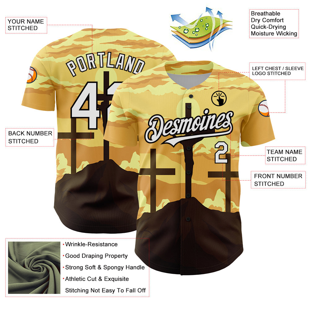 Custom Yellow White-Black 3D Pattern Design Religion Cross Jesus Christ Good Friday Authentic Baseball Jersey - Sky-Custom