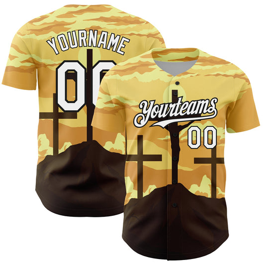 Custom Yellow White-Black 3D Pattern Design Religion Cross Jesus Christ Good Friday Authentic Baseball Jersey - Sky-Custom