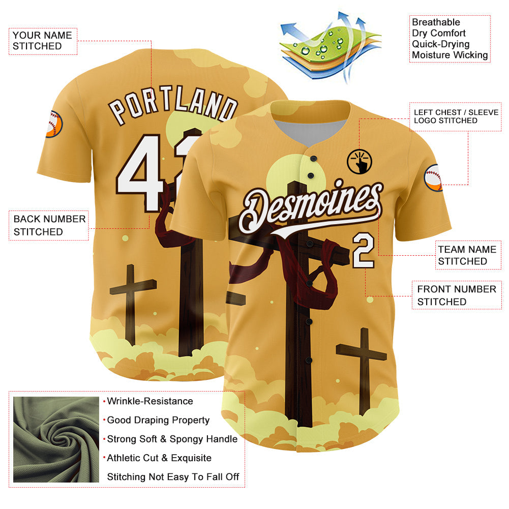 Custom Yellow White-Brown 3D Pattern Design Religion Cross Jesus Christ Good Friday Authentic Baseball Jersey - Sky-Custom