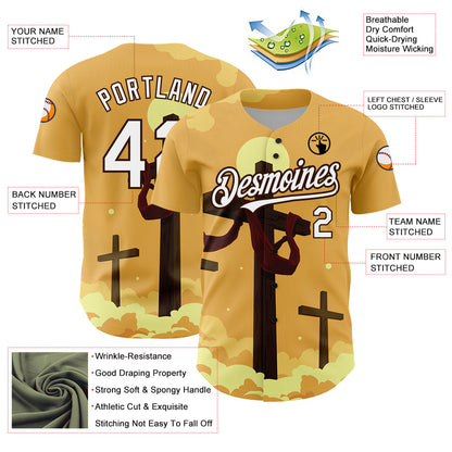 Custom Yellow White-Brown 3D Pattern Design Religion Cross Jesus Christ Good Friday Authentic Baseball Jersey - Sky-Custom