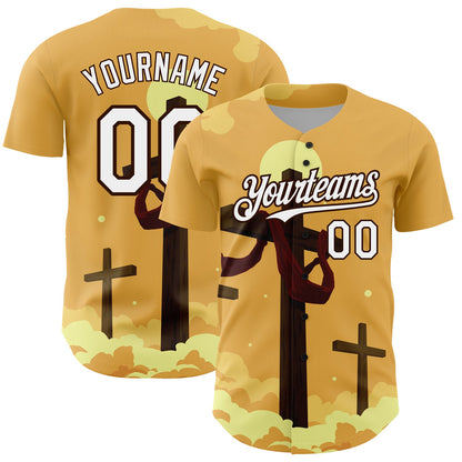 Custom Yellow White-Brown 3D Pattern Design Religion Cross Jesus Christ Good Friday Authentic Baseball Jersey - Sky-Custom