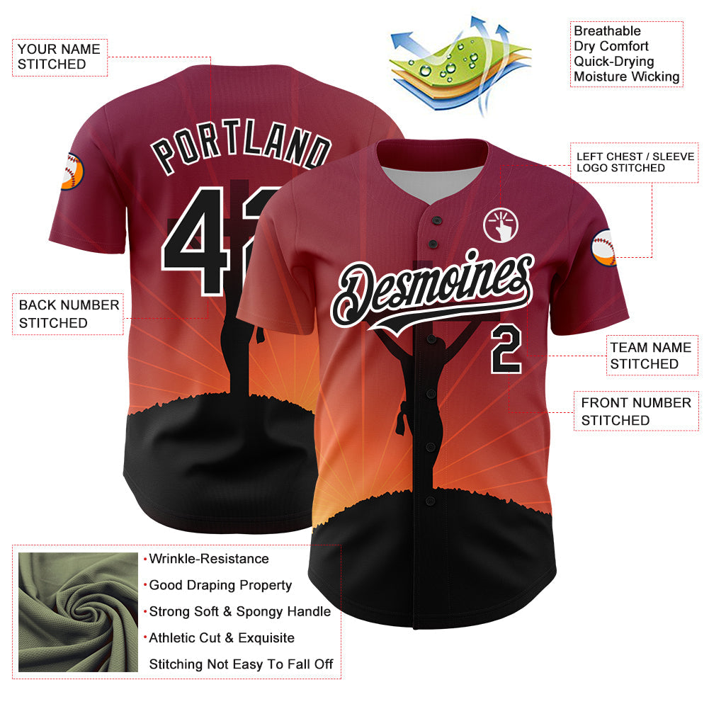 Custom Red Black-White 3D Pattern Design Religion Cross Jesus Christ Good Friday Authentic Baseball Jersey - Sky-Custom