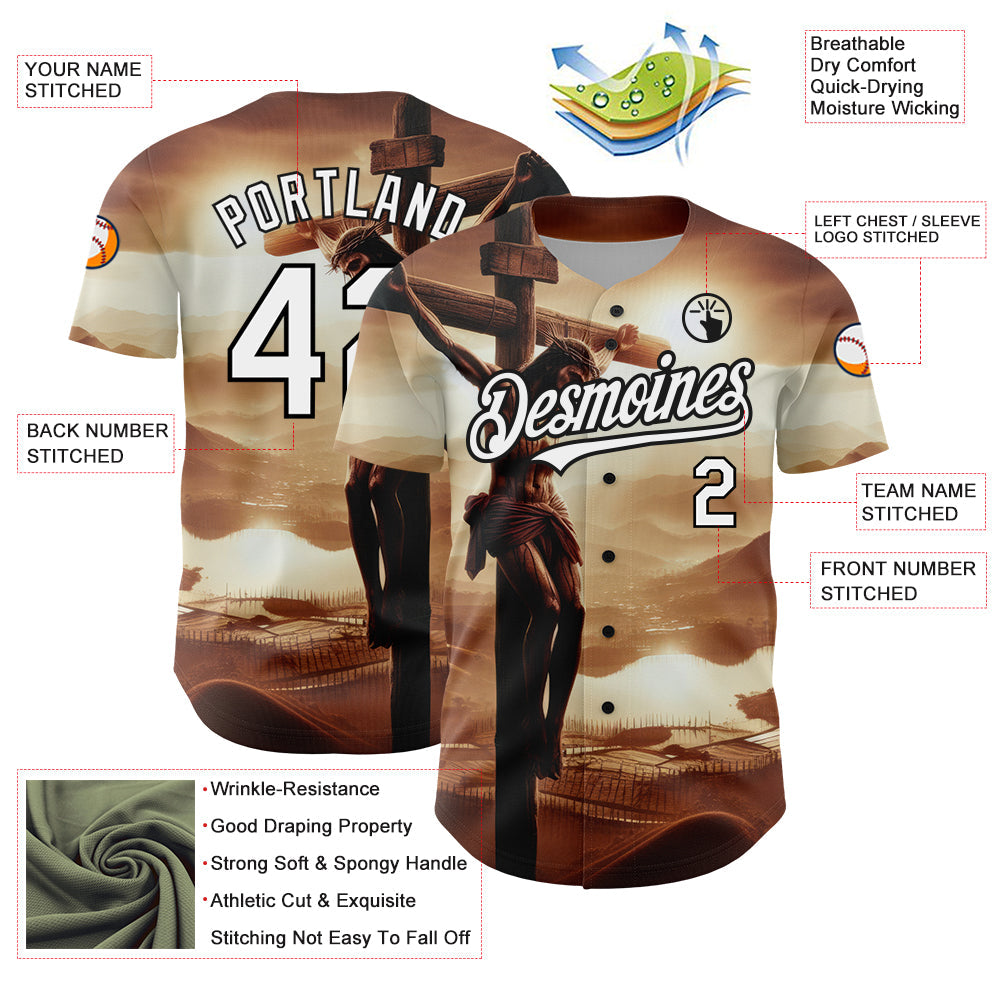 Custom Brown White-Black 3D Pattern Design Religion Cross Jesus Christ Good Friday Authentic Baseball Jersey - Sky-Custom