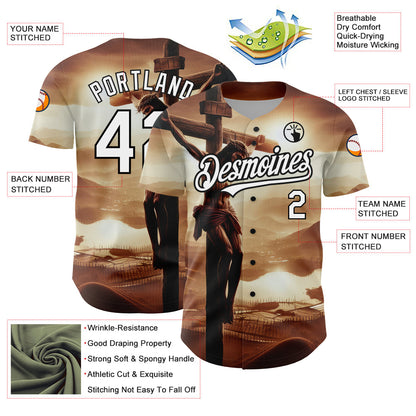 Custom Brown White-Black 3D Pattern Design Religion Cross Jesus Christ Good Friday Authentic Baseball Jersey - Sky-Custom