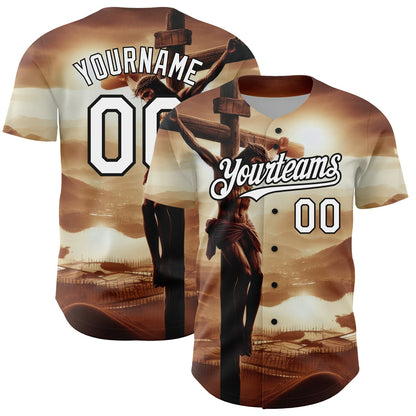 Custom Brown White-Black 3D Pattern Design Religion Cross Jesus Christ Good Friday Authentic Baseball Jersey - Sky-Custom