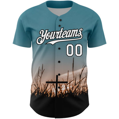 Custom Teal White-Black 3D Pattern Design Religion Cross Jesus Christ Good Friday Authentic Baseball Jersey - Sky-Custom