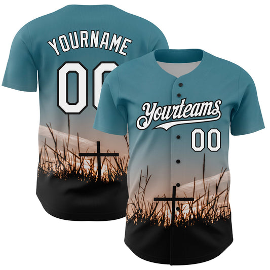 Custom Teal White-Black 3D Pattern Design Religion Cross Jesus Christ Good Friday Authentic Baseball Jersey - Sky-Custom