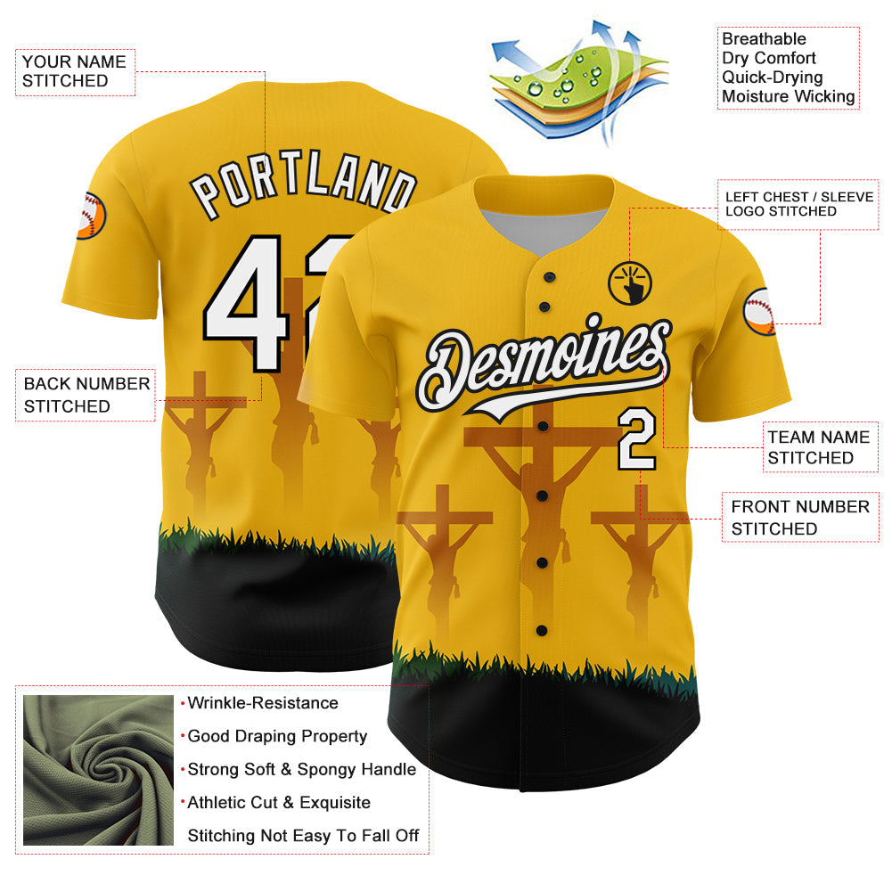 Custom Yellow White-Black 3D Pattern Design Religion Cross Jesus Christ Good Friday Authentic Baseball Jersey - Sky-Custom