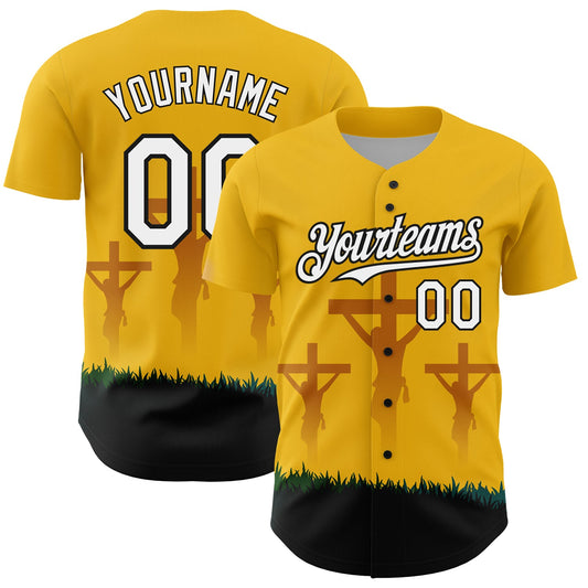 Custom Yellow White-Black 3D Pattern Design Religion Cross Jesus Christ Good Friday Authentic Baseball Jersey - Sky-Custom