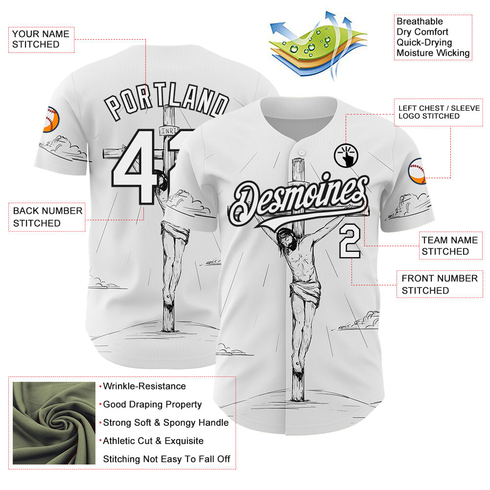Custom White Black 3D Pattern Design Religion Cross Jesus Christ Good Friday Authentic Baseball Jersey - Sky-Custom