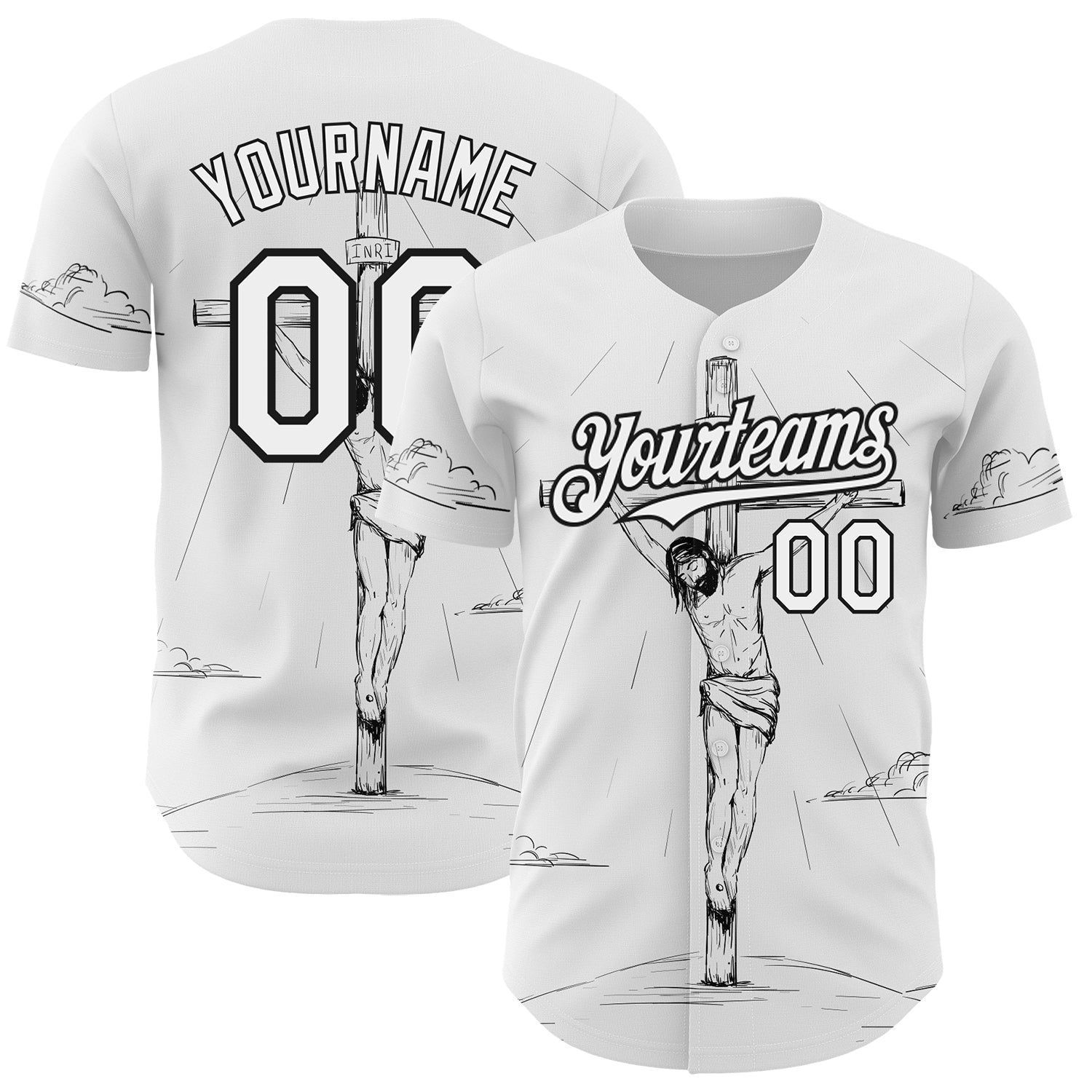 Custom White Black 3D Pattern Design Religion Cross Jesus Christ Good Friday Authentic Baseball Jersey - Sky-Custom