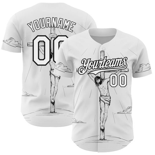 Custom White Black 3D Pattern Design Religion Cross Jesus Christ Good Friday Authentic Baseball Jersey - Sky-Custom