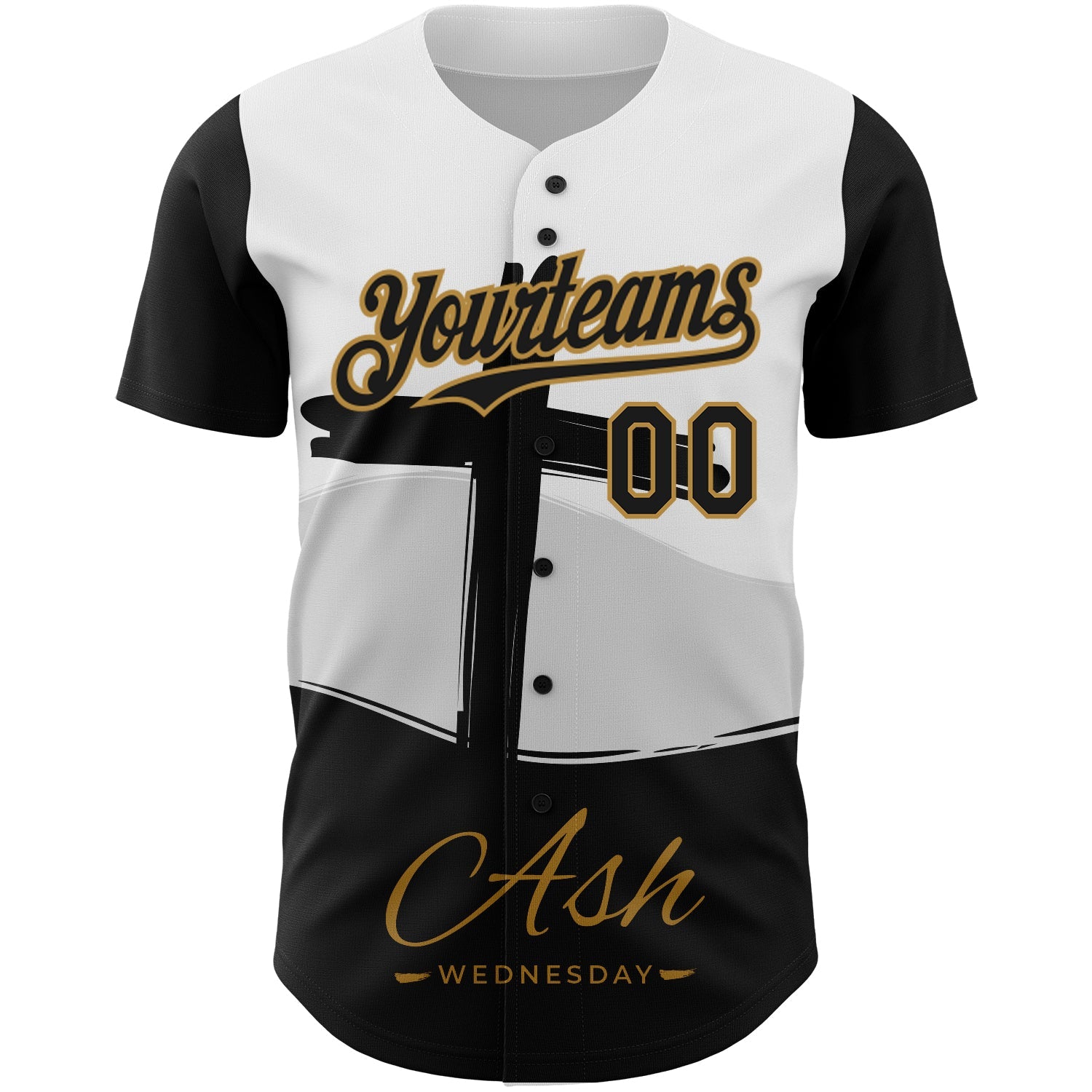 Custom White Black-Old Gold 3D Pattern Design Religion Cross Jesus Christ Ash Wednesday Authentic Baseball Jersey - Sky-Custom