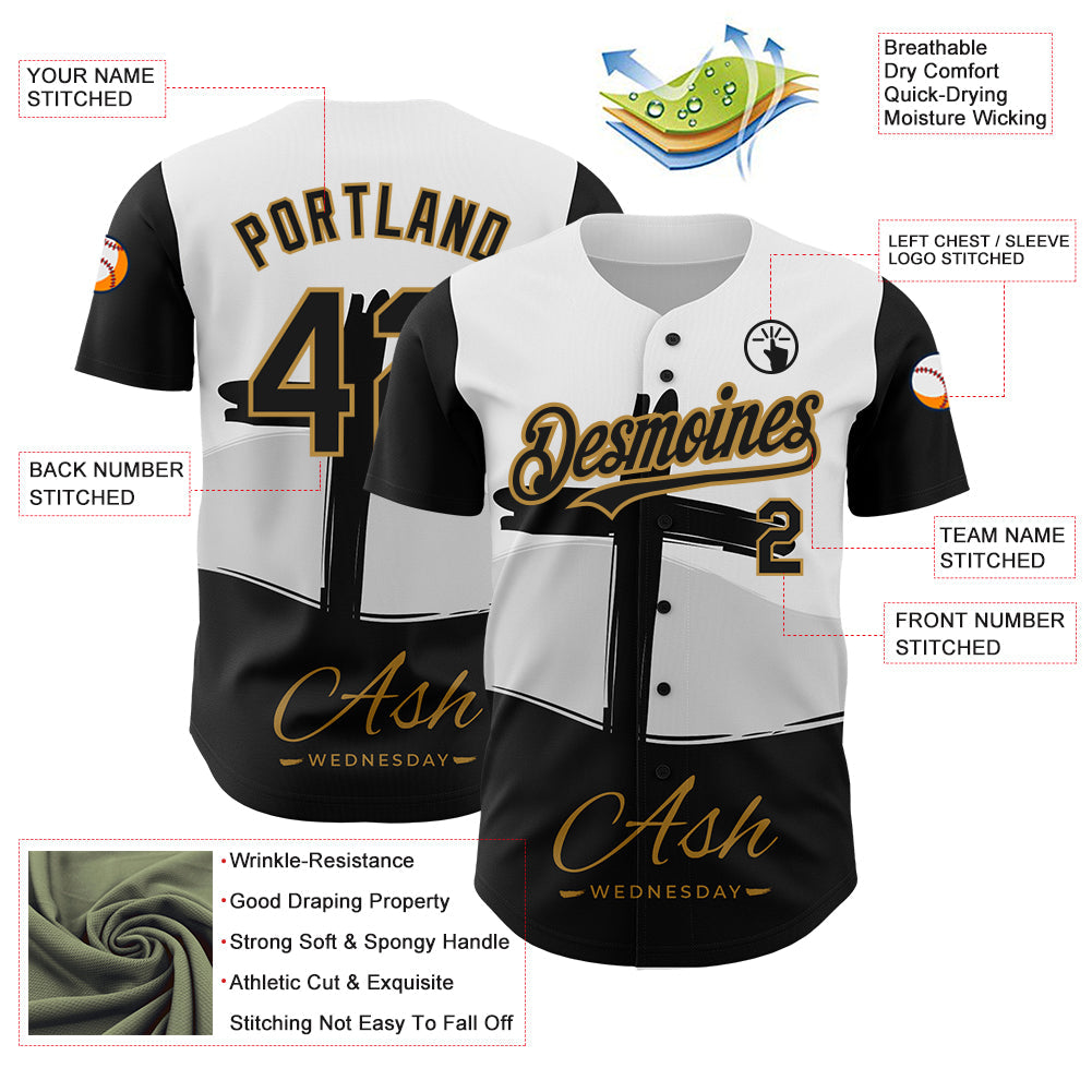 Custom White Black-Old Gold 3D Pattern Design Religion Cross Jesus Christ Ash Wednesday Authentic Baseball Jersey - Sky-Custom