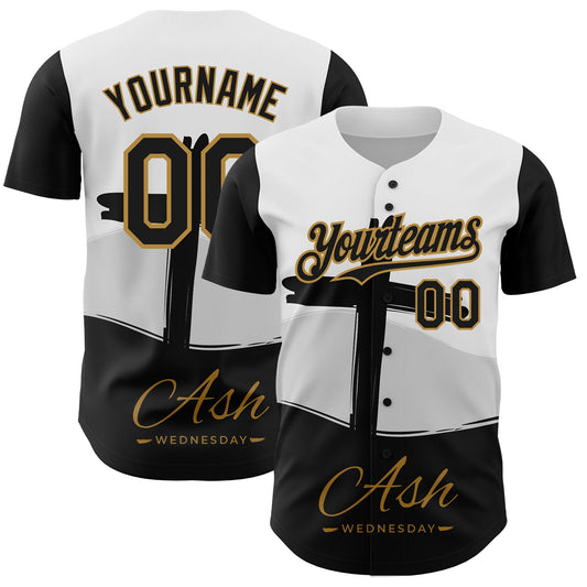 Custom White Black-Old Gold 3D Pattern Design Religion Cross Jesus Christ Ash Wednesday Authentic Baseball Jersey - Sky-Custom